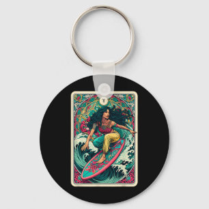 Kleurrijke Vrouw Golf Surfer Tarotkaart Artistieke Sleutelhanger