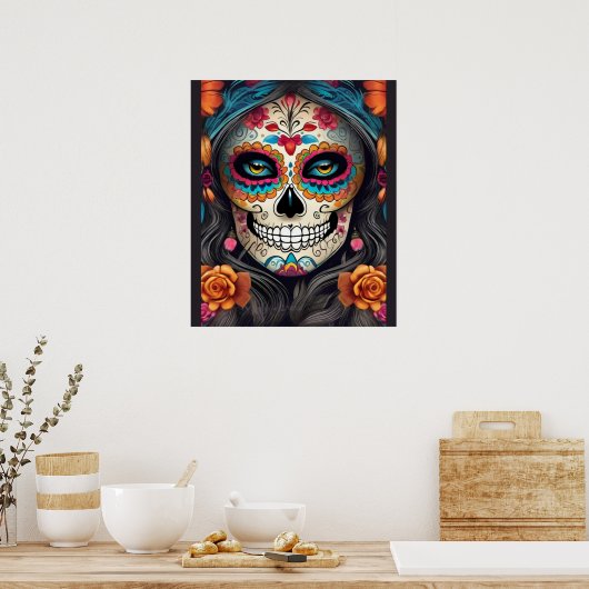 Kleurrijke Vrouw in Sugar Skull Make-up Poster (Keuken)