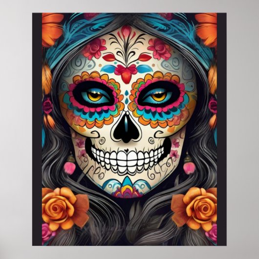 Kleurrijke Vrouw in Sugar Skull Make-up Poster (Voorkant)