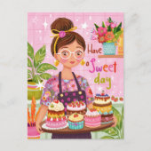 Kleurrijke vrouw met gebak Geïllustreerde verjaard Briefkaart (Voorkant)