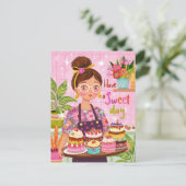 Kleurrijke vrouw met gebak Geïllustreerde verjaard Briefkaart (Staand voorkant)