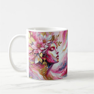 Kleurrijke vrouw roze gouden bladeren koffiethee m koffiemok