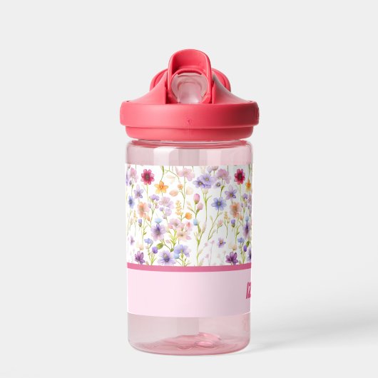 Kleurrijke Vrouwelijke Roze Wilde Bloemen voor Mei Waterfles (Voorkant)