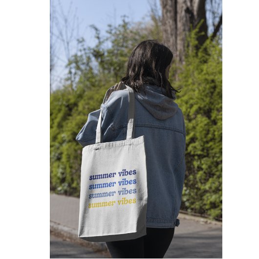 Kleurrijke vrouwelijke zomervibes in blauw en geel tote bag