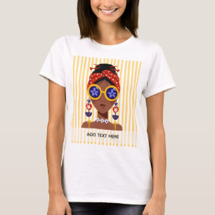 Kleurrijke vrouwenhoofdillustratie op geel t-shirt