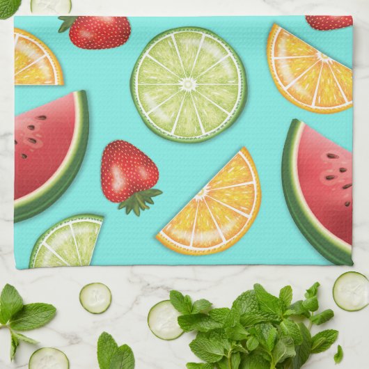Kleurrijke vruchten op blauw zoet zomerpatroon theedoek (Gevouwen)