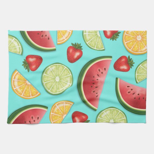 Kleurrijke vruchten op blauw zoet zomerpatroon theedoek (Horizontaal)