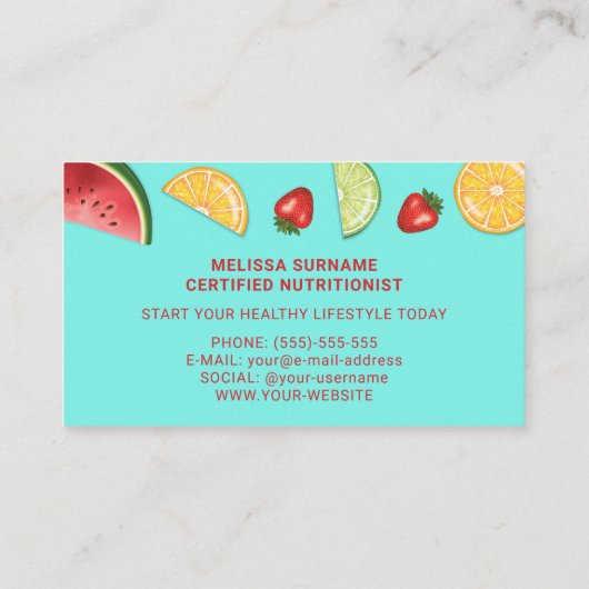 Kleurrijke vruchten op blauwe diëtist voedingsdesk visitekaartje (Achterkant)