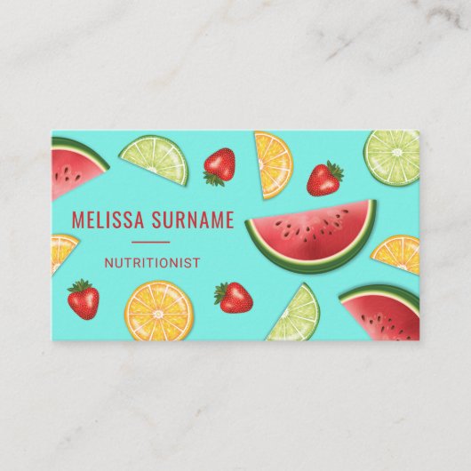 Kleurrijke vruchten op blauwe diëtist voedingsdesk visitekaartje (Voorkant)