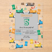 Kleurrijke vuilniswagens en -bakken van afgelopen  acryl uitnodigingen (Voorkant)