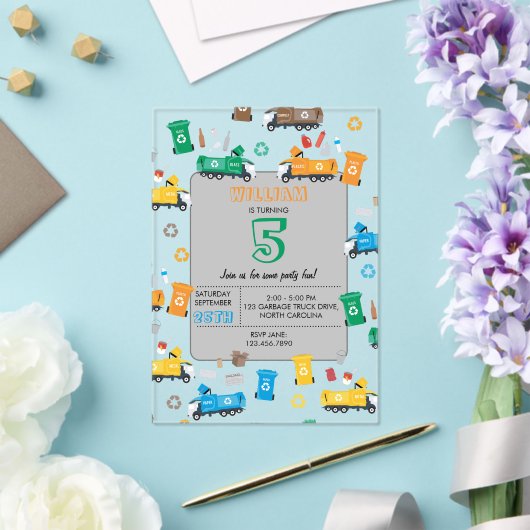 Kleurrijke vuilniswagens en -bakken van afgelopen  acryl uitnodigingen (Insitu (Huwelijk))