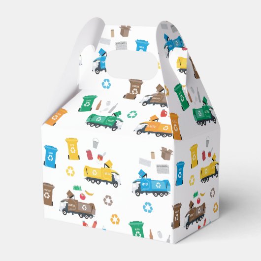 Kleurrijke vuilniswagens en -bakken van afgelopen bedankdoosjes (Achterkant)