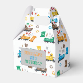 Kleurrijke vuilniswagens en -bakken van afgelopen  bedankdoosjes