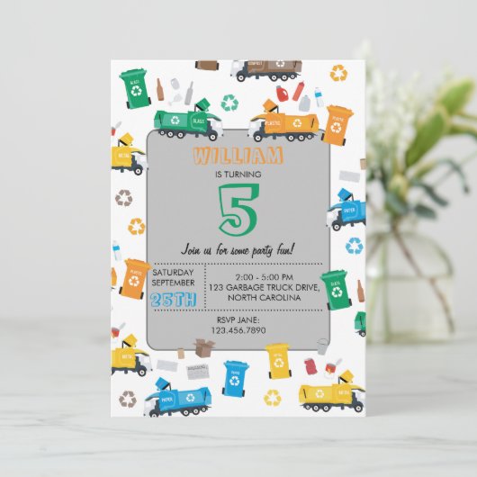 Kleurrijke vuilniswagens en -bakken van afgelopen  kaart (Staand voorkant)