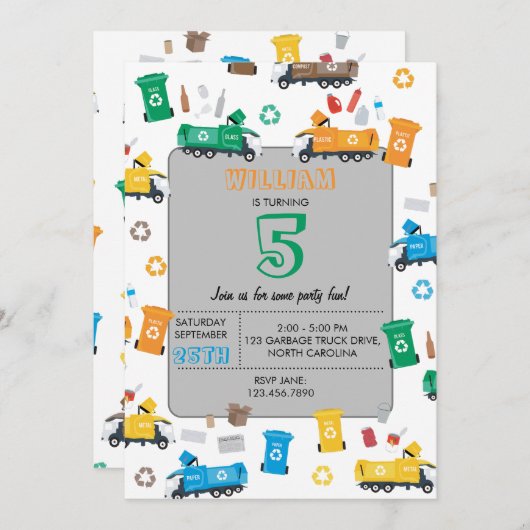 Kleurrijke vuilniswagens en -bakken van afgelopen  kaart (Voorkant / Achterkant)