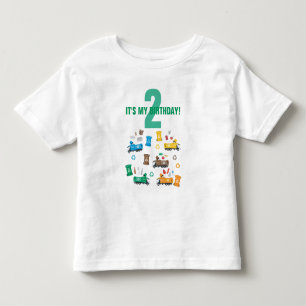 Kleurrijke vuilniswagens en -bakken van afgelopen kinder shirts