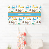 Kleurrijke vuilniswagens en -bakken van afgelopen  spandoek (Insitu)