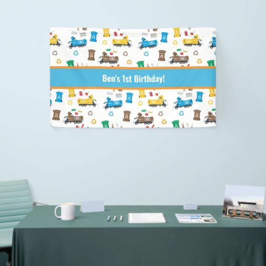 Kleurrijke vuilniswagens en -bakken van afgelopen  spandoek (Beurs)