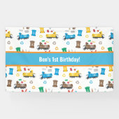 Kleurrijke vuilniswagens en -bakken van afgelopen  spandoek (Horizontaal)