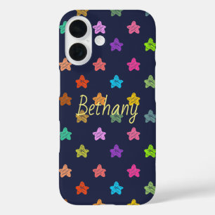 Kleurrijke vun-tandwielsterren op blauw gepersonal iPhone 16 hoesje
