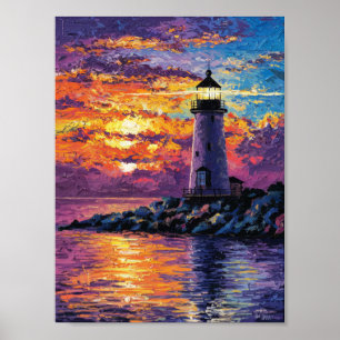 "Kleurrijke vuurtoren Sunset Painting - Ocean-Them Poster