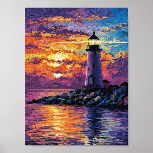 "Kleurrijke vuurtoren Sunset Painting - Ocean-Them Poster (Voorkant)