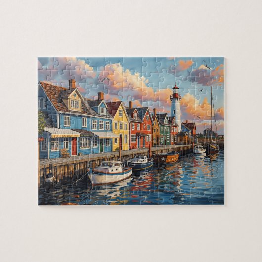 Kleurrijke Vuurtorenstad Haven Legpuzzel (Horizontaal)