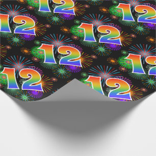 Kleurrijke Vuurwerk + Regenboog Patroon "12" Evene Cadeaupapier