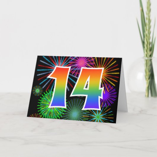 Kleurrijke Vuurwerk + Regenboog Patroon "14" Evene Kaart (Voorkant)