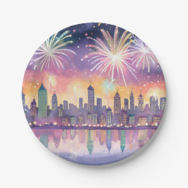 Kleurrijke Vuurwerk Stad Aquarel | Lofi Nieuwjaar Papieren Bordje