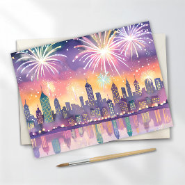 Kleurrijke vuurwerk stad Waterverf | LOFI Nieuwjaa Feestdagenkaart