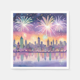 Kleurrijke Vuurwerk Stad Waterverf | Lofi Nieuwjaa Servet