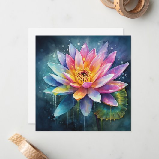 Kleurrijke Water Lily Waterverf Design Notitiekaartje (Voorkant / Achterkant in situ)