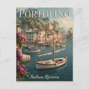 Kleurrijke Waterfront en Botens in Portofino, Ital Feestdagenkaart