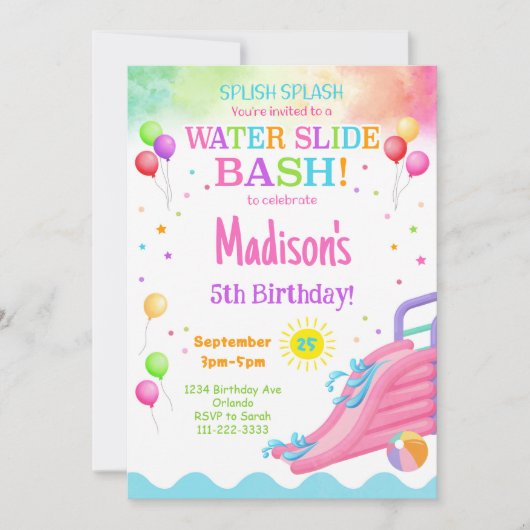 Kleurrijke Waterslide Birthday Bash Uitnodiging (Voorkant)