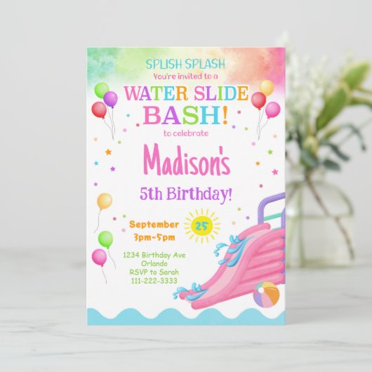 Kleurrijke Waterslide Birthday Bash Uitnodiging (Staand voorkant)