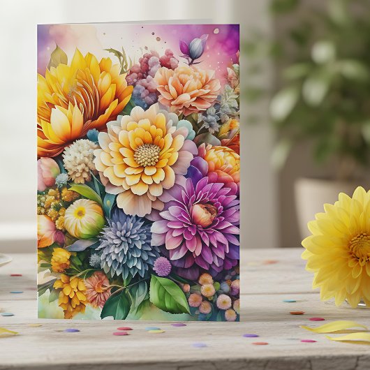  Kleurrijke Waterverf AI Art Flowers Verjaardag Kaart