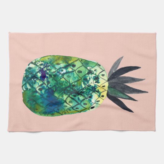Kleurrijke Waterverf Ananas Blauw Groen Roze Theedoek (Horizontaal)