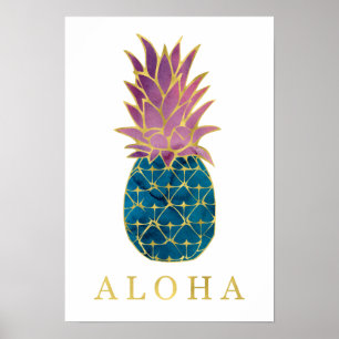 Kleurrijke Waterverf ananas en Gold Aloha Poster