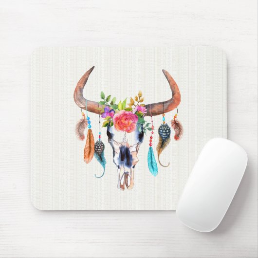 Kleurrijke Waterverf Bizon schedel met hoorns Muismat (Met muis)