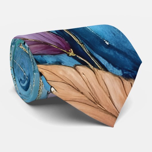 Kleurrijke waterverf bladeren op blauw stropdas (Opgerold)