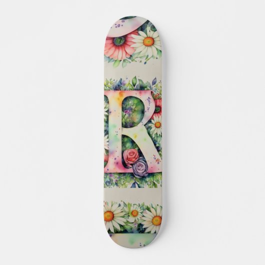 Kleurrijke Waterverf Bloem Gepersonaliseerde Monog Persoonlijk Skateboard (Voorkant)