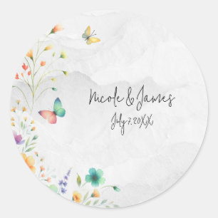Kleurrijke Waterverf Bloem Vlinder Bruiloft Feest Ronde Sticker
