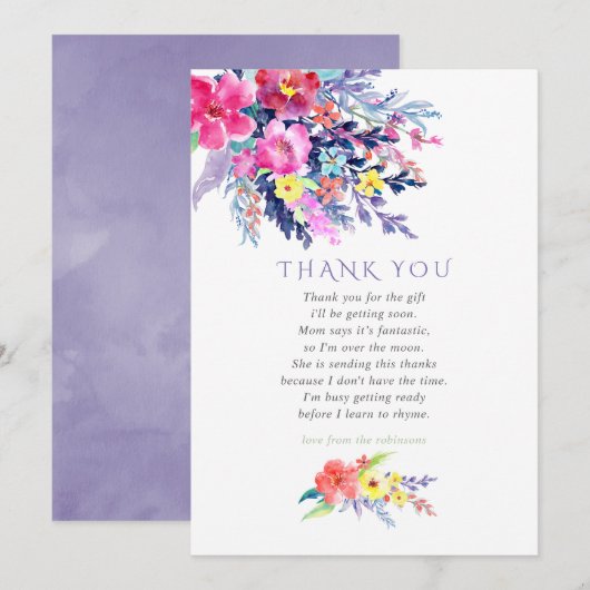 Kleurrijke Waterverf Bloemen Baby shower Dank u Bedankkaart (Voorkant / Achterkant)