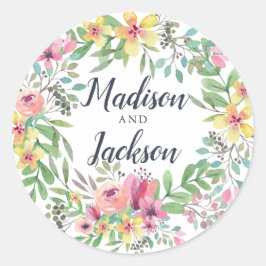 Kleurrijke Waterverf Bloemen Bruiloft Ronde Sticker