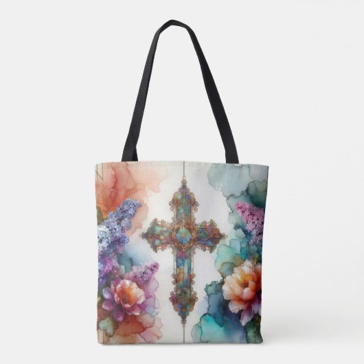 Kleurrijke Waterverf bloemen en cross Christelijk Tote Bag (Achterkant)