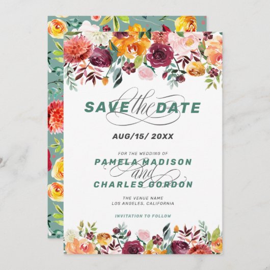 Kleurrijke waterverf bloemen en kalligrafie kaart (Voorkant / Achterkant)