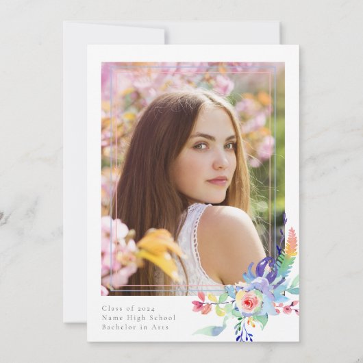 Kleurrijke Waterverf Bloemen Foto Graduation Party Kaart (Achterkant)