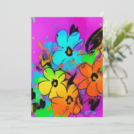 Kleurrijke waterverf bloemen fuchsia oranje kat bedankkaart (Staand voorkant)