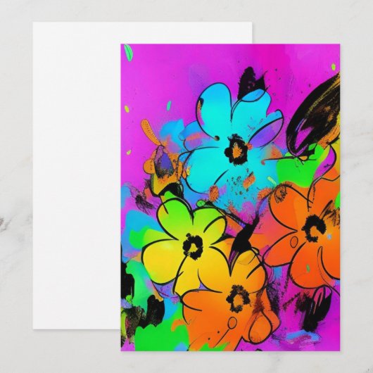 Kleurrijke waterverf bloemen fuchsia oranje kat bedankkaart (Voorkant / Achterkant)